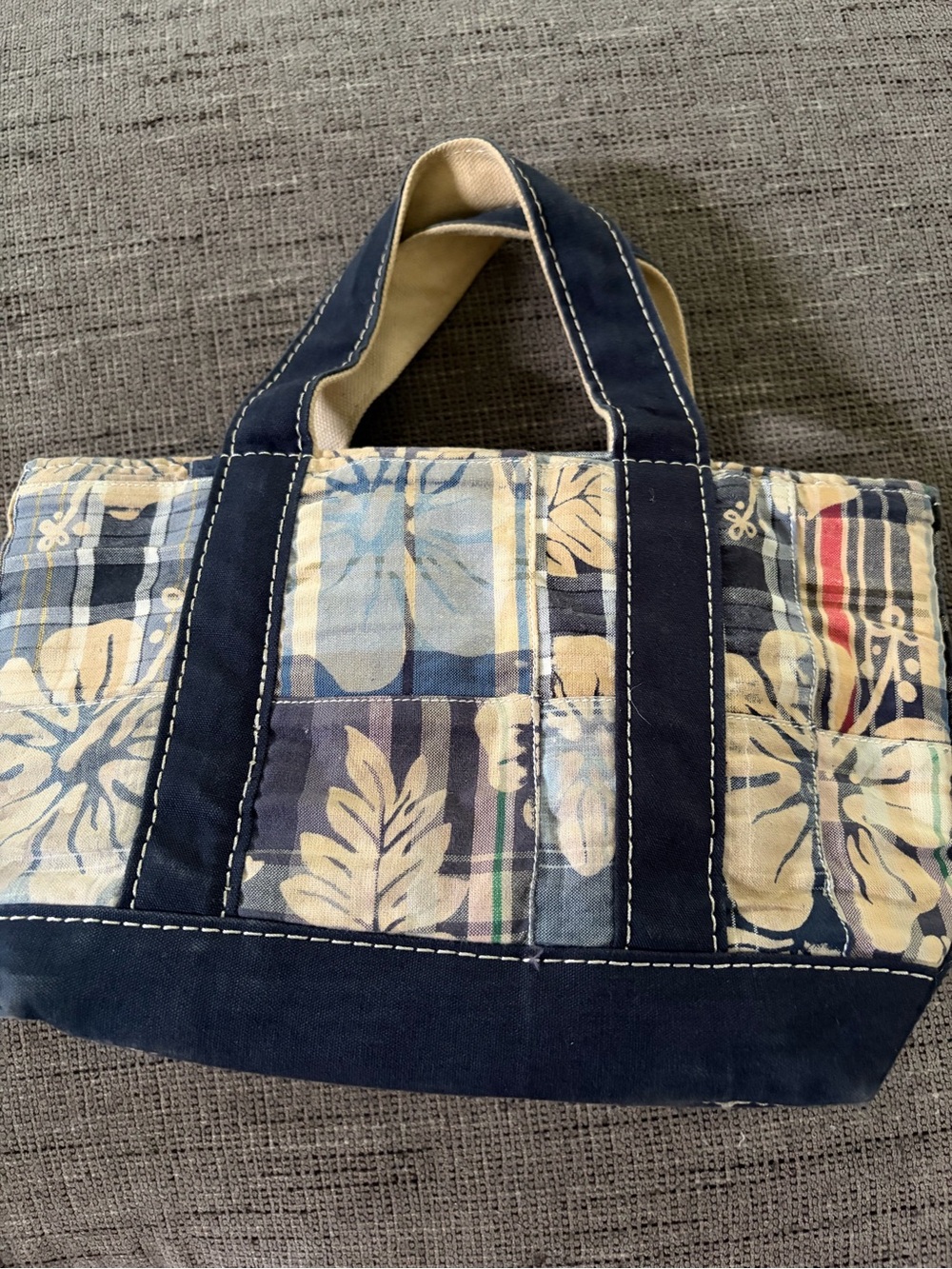 L.L. Bean Vintage Boat & Tote Mini Madras Rare Plaid Blue Hawaiian Floral Canvas - Picture 3 of 11